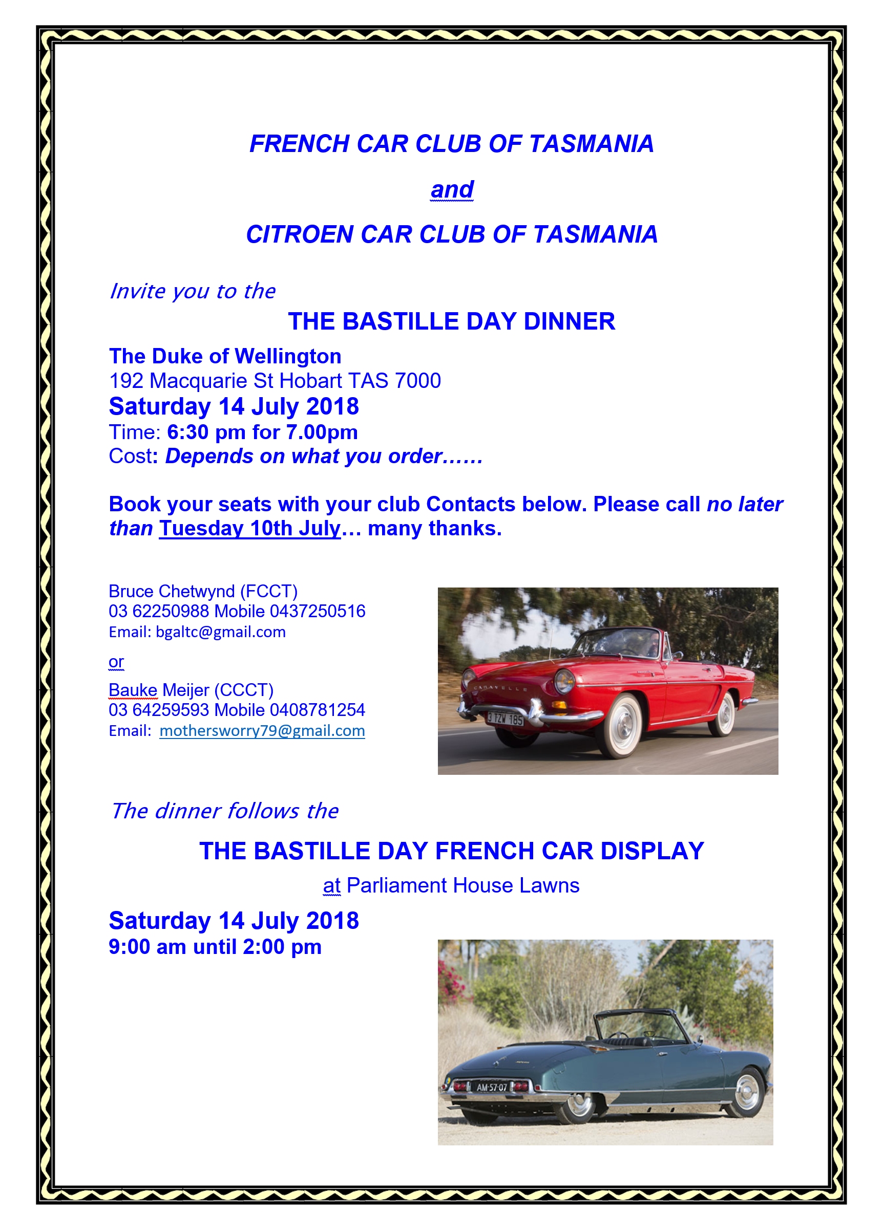  Flyer for 2018 Bastille Day dinner